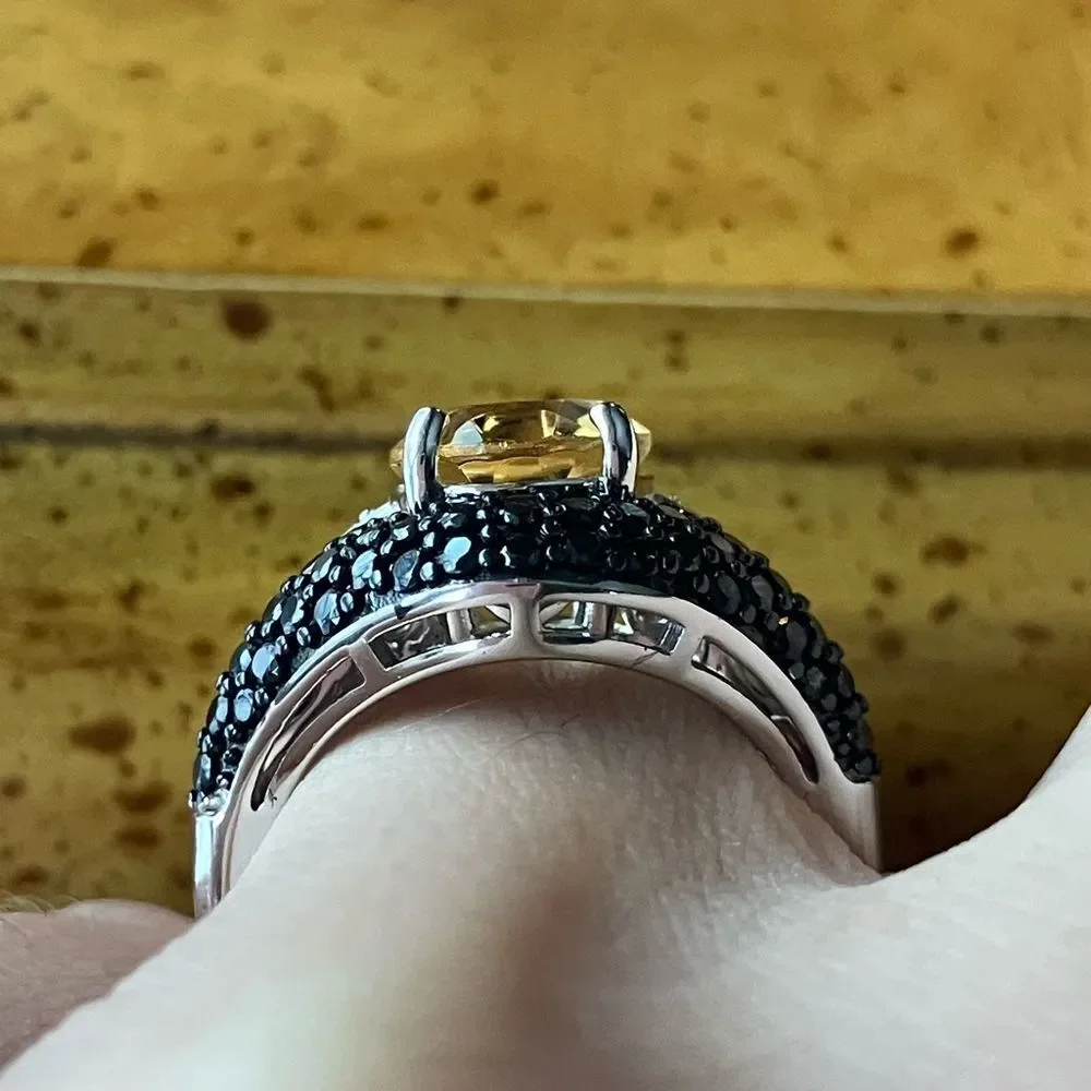 Natural Brazilian Citrine Black Spinel Ring Set Size 6